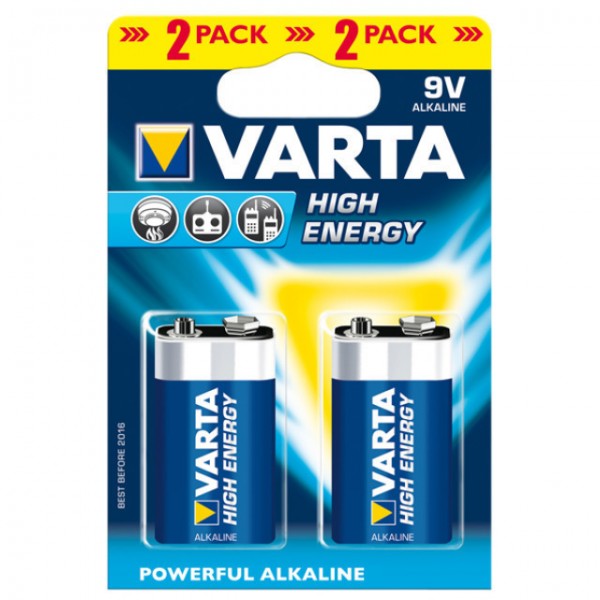9V Batterien VARTA 6LR61 9V-Block 4922 High Energy 2er Pack